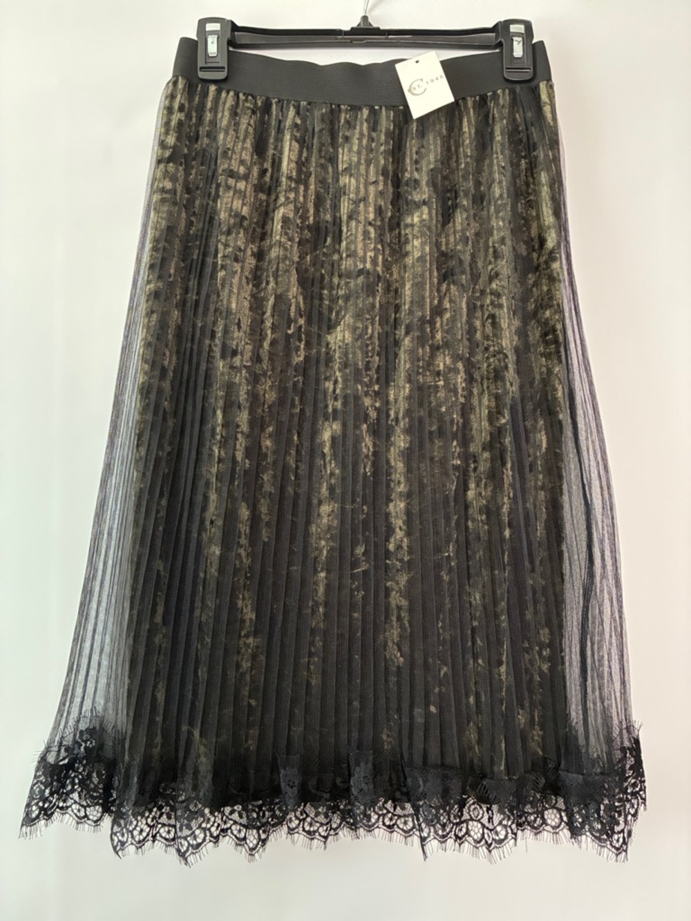 Cato Pleated Lace Hem Midi Skirt in Black and Olive - Xtra Small